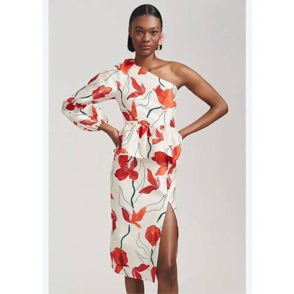 Hutch Dresses & Skirts - Anthropologie Hutch One-Shoulder Peplum Dress Size 0 Floral Red and White